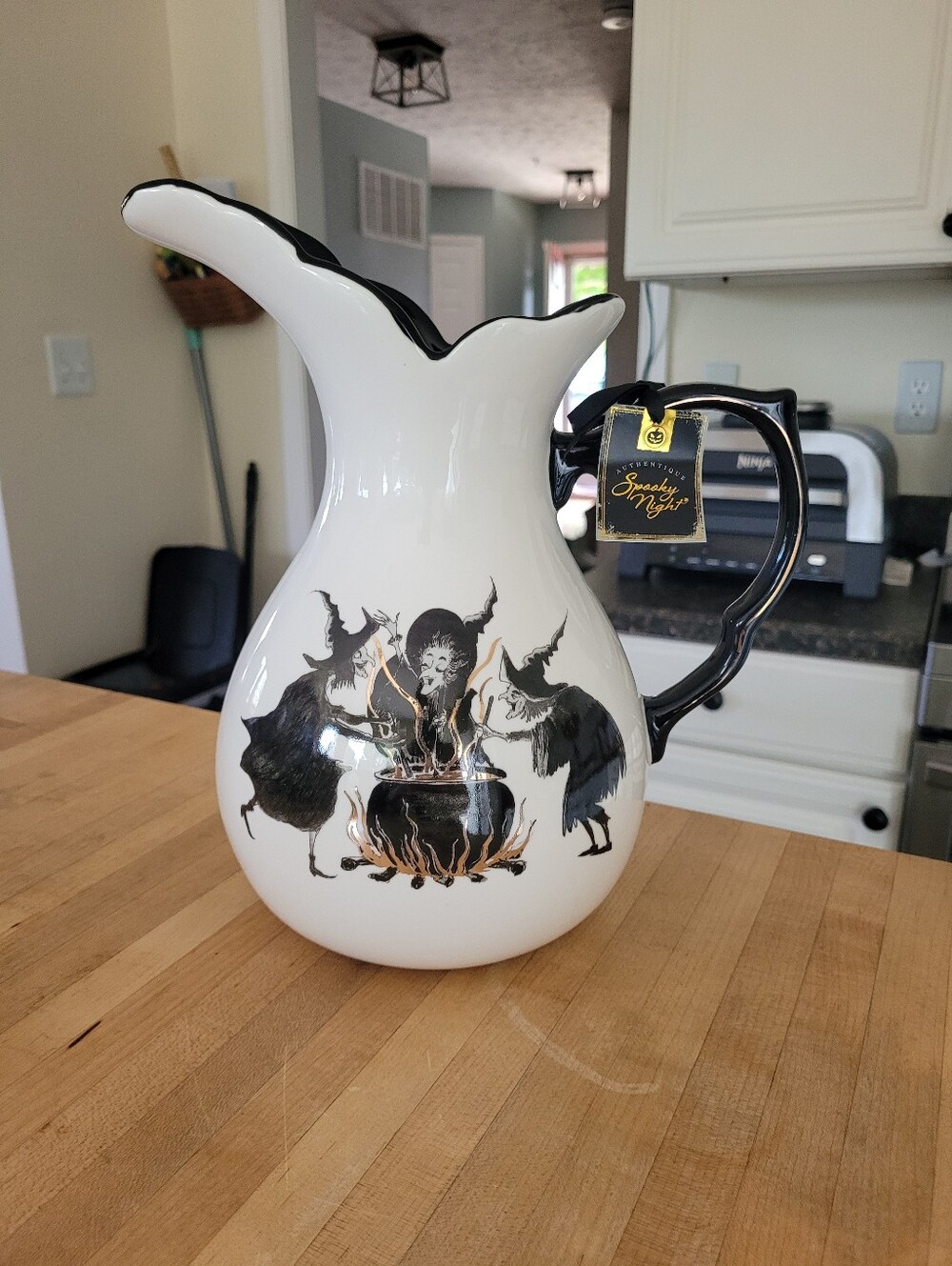 Spooky Night Three Witch Ceramic Halloween Pitcher with Black & Gold Handle
